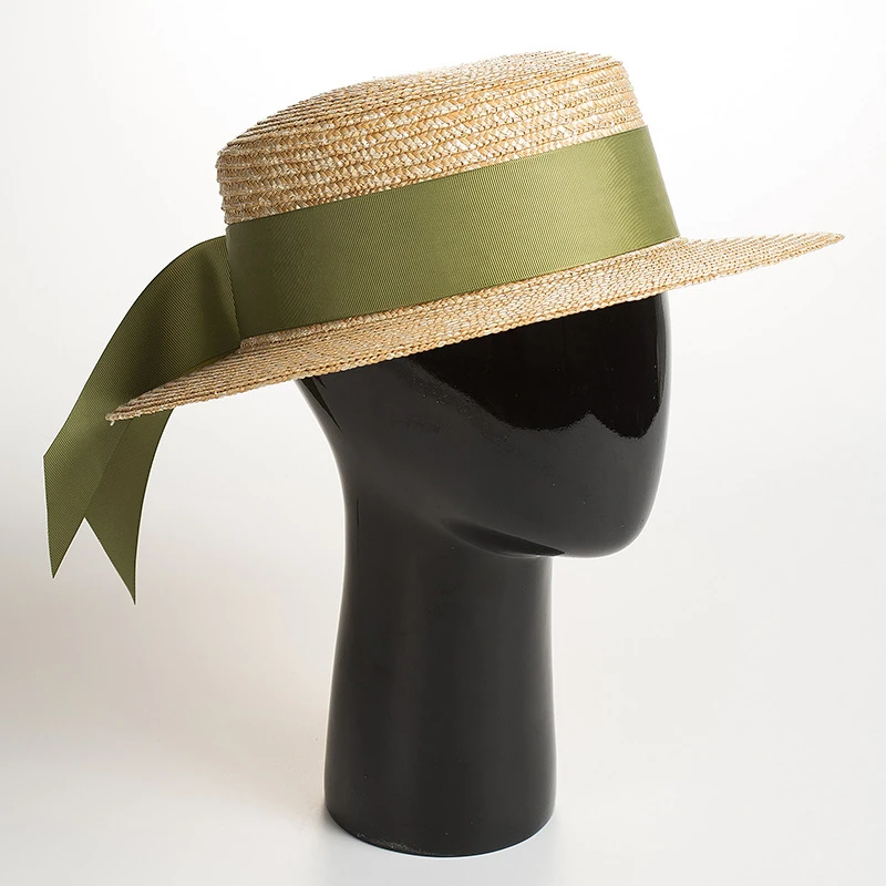

Women Flat Straw Sun Hat with Bright Solid Color Ribbon Female Fashion Retro High Quality Holiday Wheat Straw Visor
