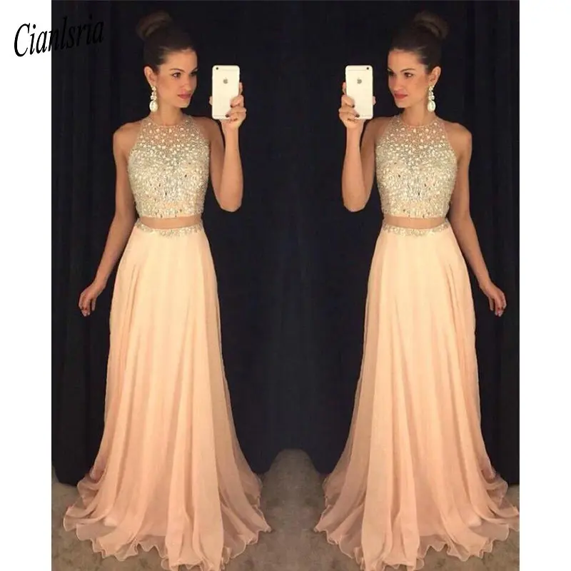 

2019 Sexy Cheap Prom Dresses Jewel Neck Yellow Peach Chiffon Long Crystal Beads Sheer Waist Open Back Plus Size Party Dress