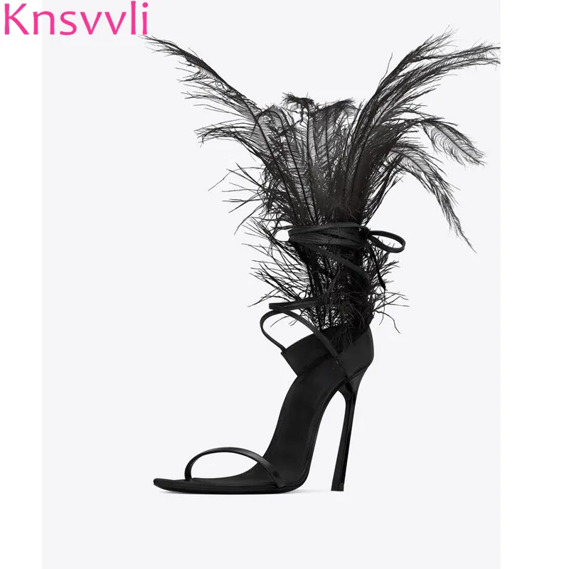 white feather high heels
