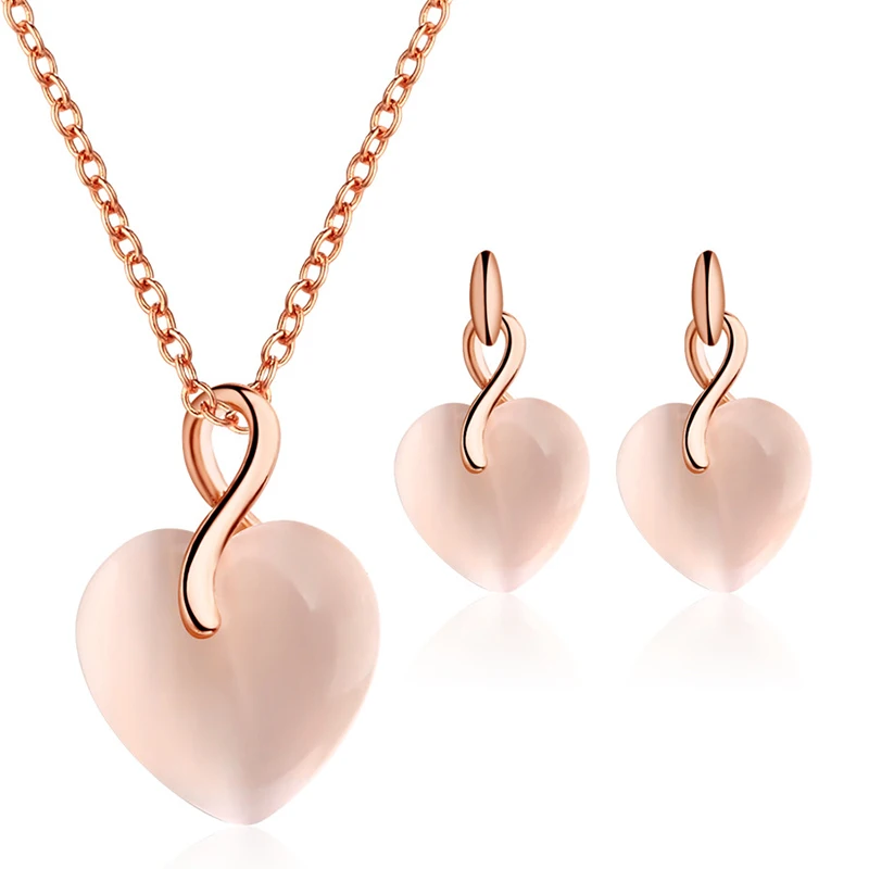 Элегантный розовый цвет набор украшений для женщин Трендовое сердце любовь кулон ожерелье свисающие серьги наборы свадебных ювелирных изделий подарок