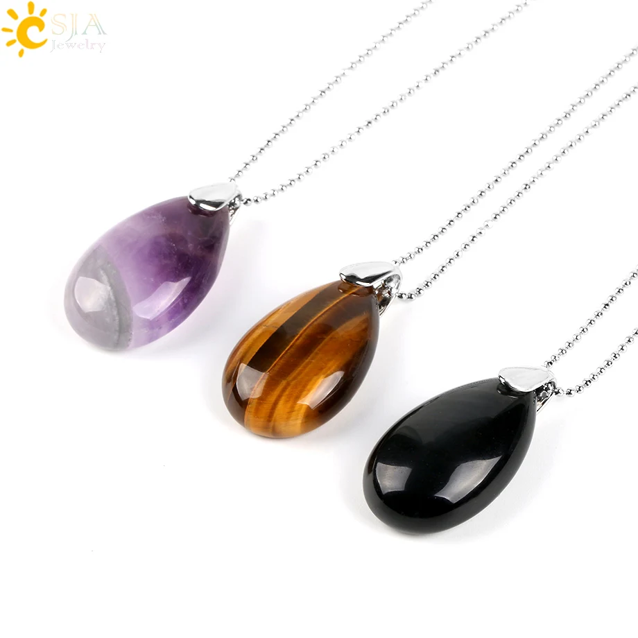 

CSJA Natural Gem Stone Water Drop Necklaces Pendants Tiger Eye Lapis Lazuli Clear Crystal Opal Reiki Healing Jewellery Gift E526