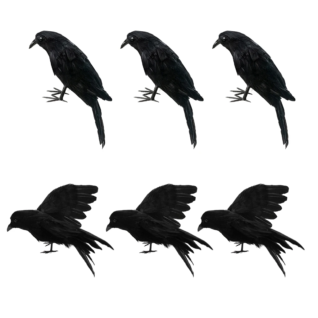 Set 6 Pieces Artificial Realistic Woodland Birds Black Raven For Garden Tree Wedding Party Decoration