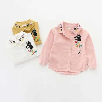 

Cotton Shirts for Girls Letter Cat Embroidery Pink Yellow White Blouse Toddler Long Sleeves Shirts Fashion Lapel Girl Clothing