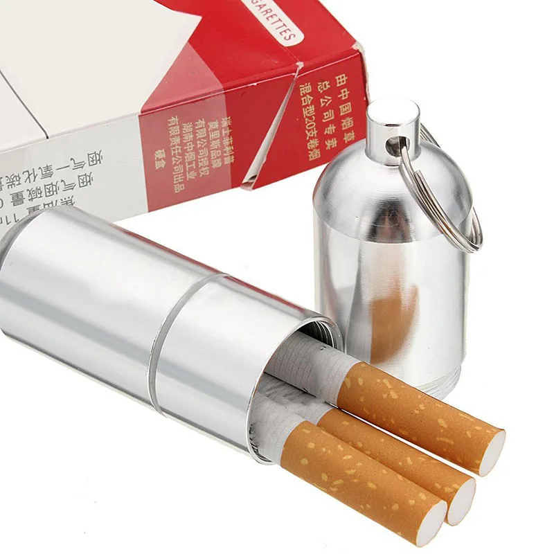 1pc Silver Portable Mini Cigarette Case Aluminum alloy Cigarette Case With Keychain Storage Boxes/Bins For Cigarette Drug Pills