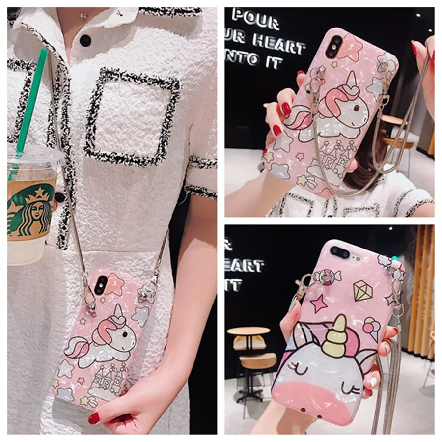 

unicorn chain strap tpu case for iphone 8 7 6s 6 plus XS MAX XR X case cover cute cartoon glitter foil shoulder lanyard soft