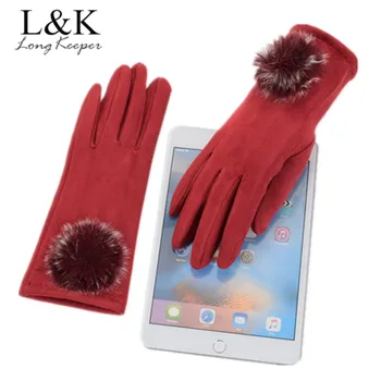

Women Fashion Elegant Gloves Winter Spring Ladies Warm Gloves Womens Faux Suede Touch Screen Fall Warm Rabbit Fur Pompom Gloves