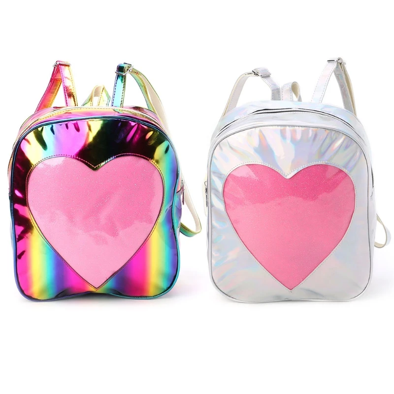 

Women Shinning Backpack Schoolbag Rainbow Holographic Shoulder Bag with Transparent Heart