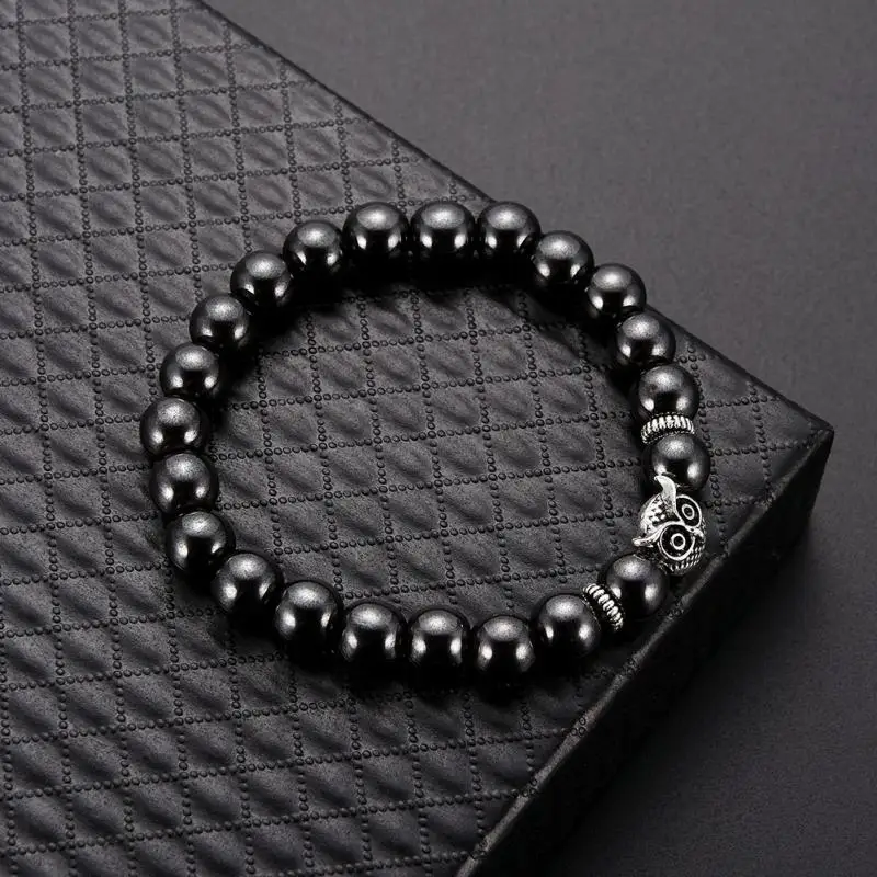 

1Pc Weight Loss Round Black Stone Owl Magnetic Therapy Bracelet Health Care Magnetic Hematite Stretch Bracelet For Men Women