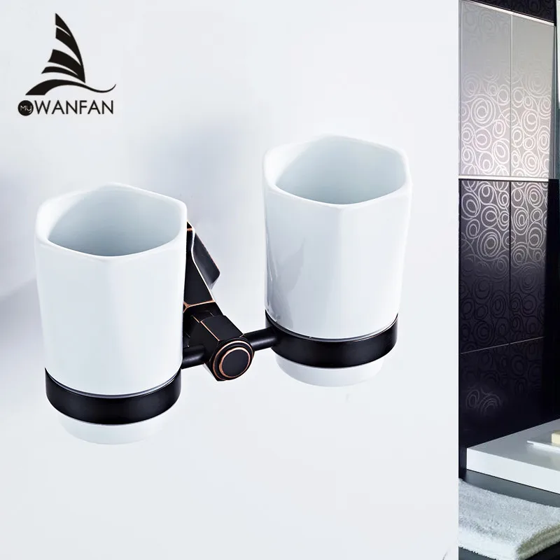 Cup & Tumbler Holders European Luxury Double Cup Holder Ceramic Cups Wall Mounted Brass Bathroom