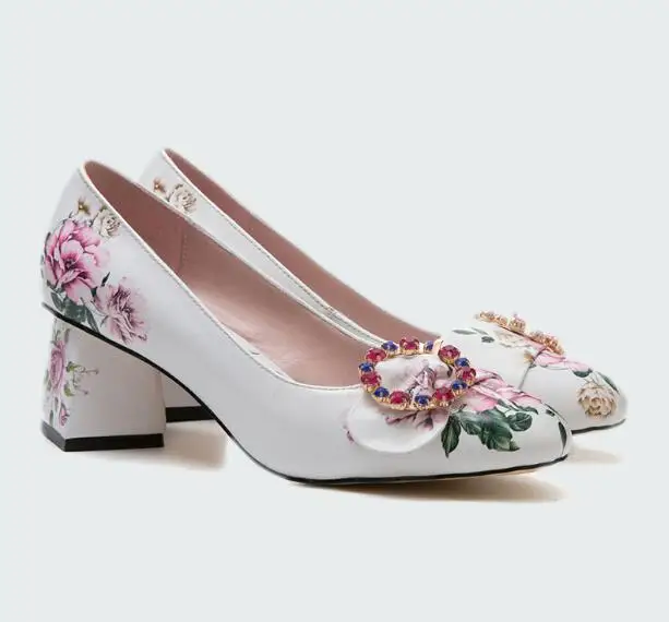 

Italian design women shoes black white printing leather shoes women Luxury rhinestone high heels pumps 5.5 cm thick heel pumps