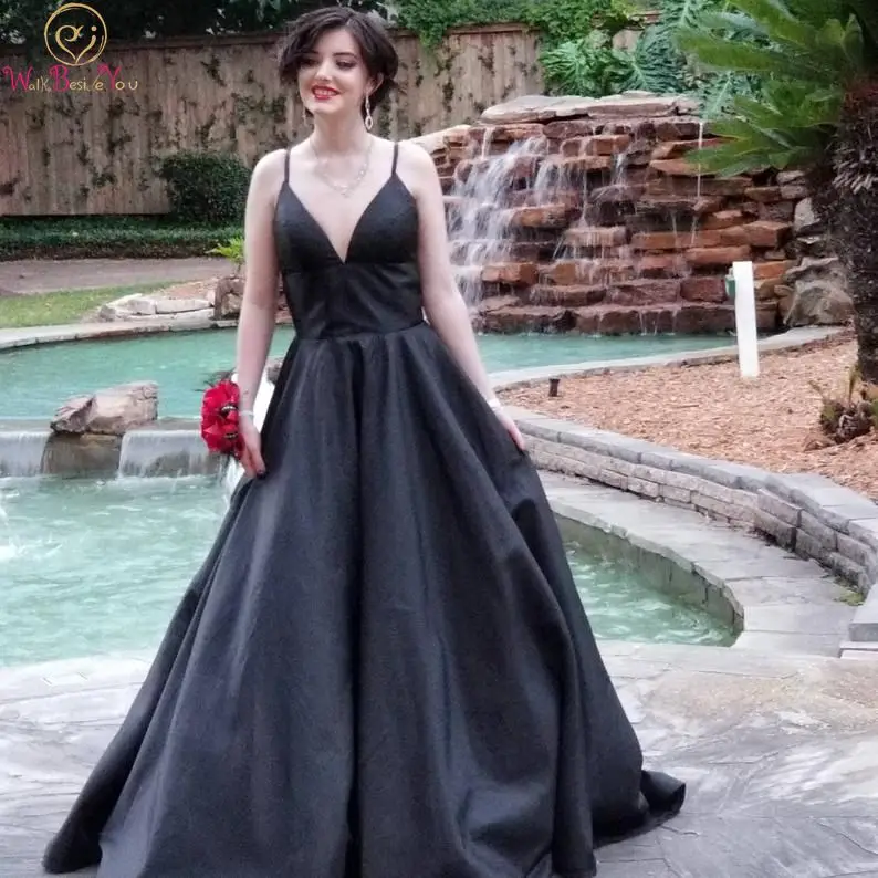 

Black/Red/Hunter Green Evening Dress V Neck Elegant A Line Sleeveless Spaghetti Strap Floor Length Simple Satin Party Women Gown