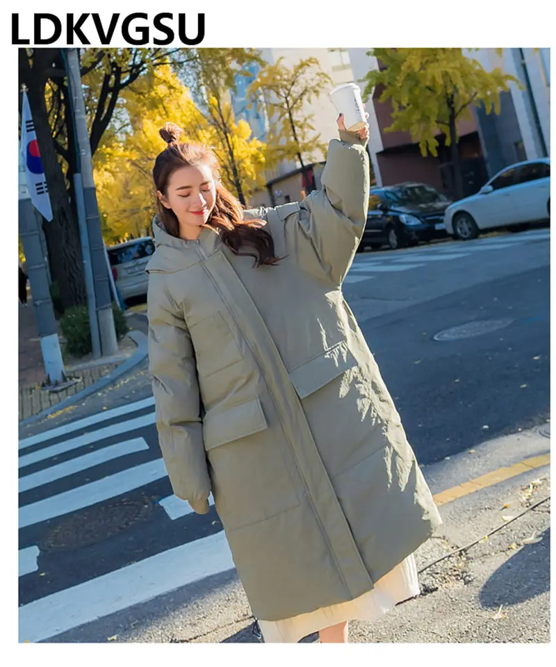 Корейская зимняя куртка, женские длинные парки, пальто размера плюс, свободный капюшон, зима, новинка, большой карман, Толстая теплая верхняя одежда Is1243