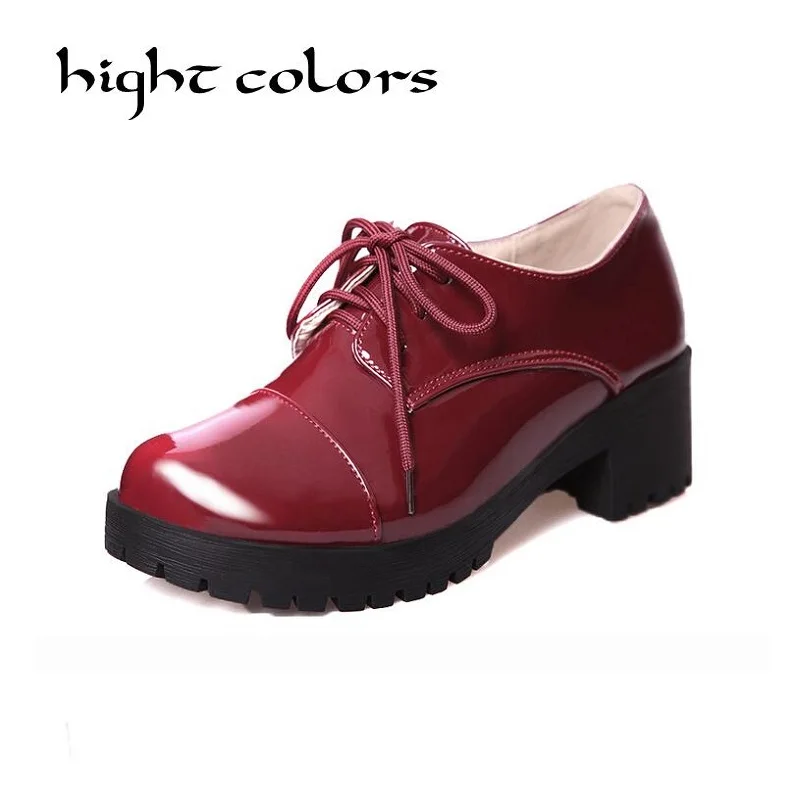 

2019 Classic Ladies Work Office Shoes Black Patent Leather Low Heel Lace Up Round Toe Oxfords For Women Booties Burgundy Cheap