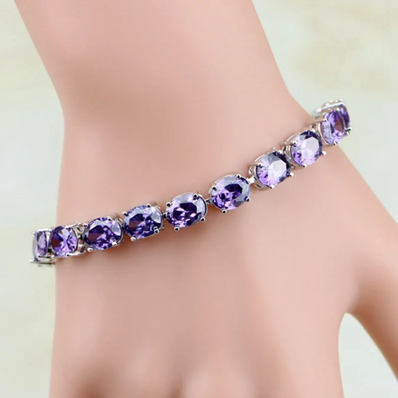 925 серебряные ювелирные изделия многоцветный кубический цирконий белый кристалл браслет цепочка звено для женщин подарочная коробка 19 см - Окраска металла: purple
