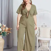Women Plus Size Hollow Out Front Bow Tie Elegant Summer V-Neck Wide Leg Pants Long Jumpsuit Romper blue cut out deep v neck tie front radom floral print romper