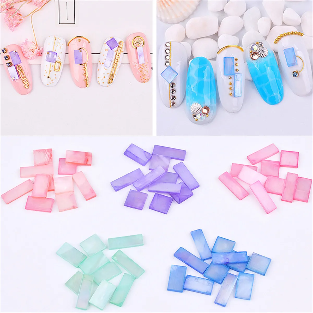 

10pcs Mermaid Shell Sequins Rectangle Gradient Nail Art Decorations Stone Colorful Abalone Slices UV Gel Nail Polish Accessoires