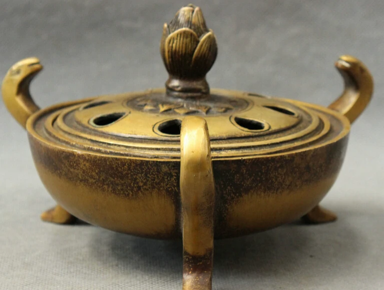 

JP S0608 Chinese Bronze Buddhism 3 Sanke Head Statue Up Lotus Tibet Incense Burner Censer