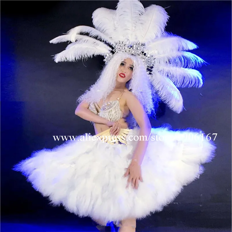 

White Sexy Lady DS Feather Bikini Costume With Feather Headwear And Fan Dance Team Stage Performance Clothes Party Evening Dress