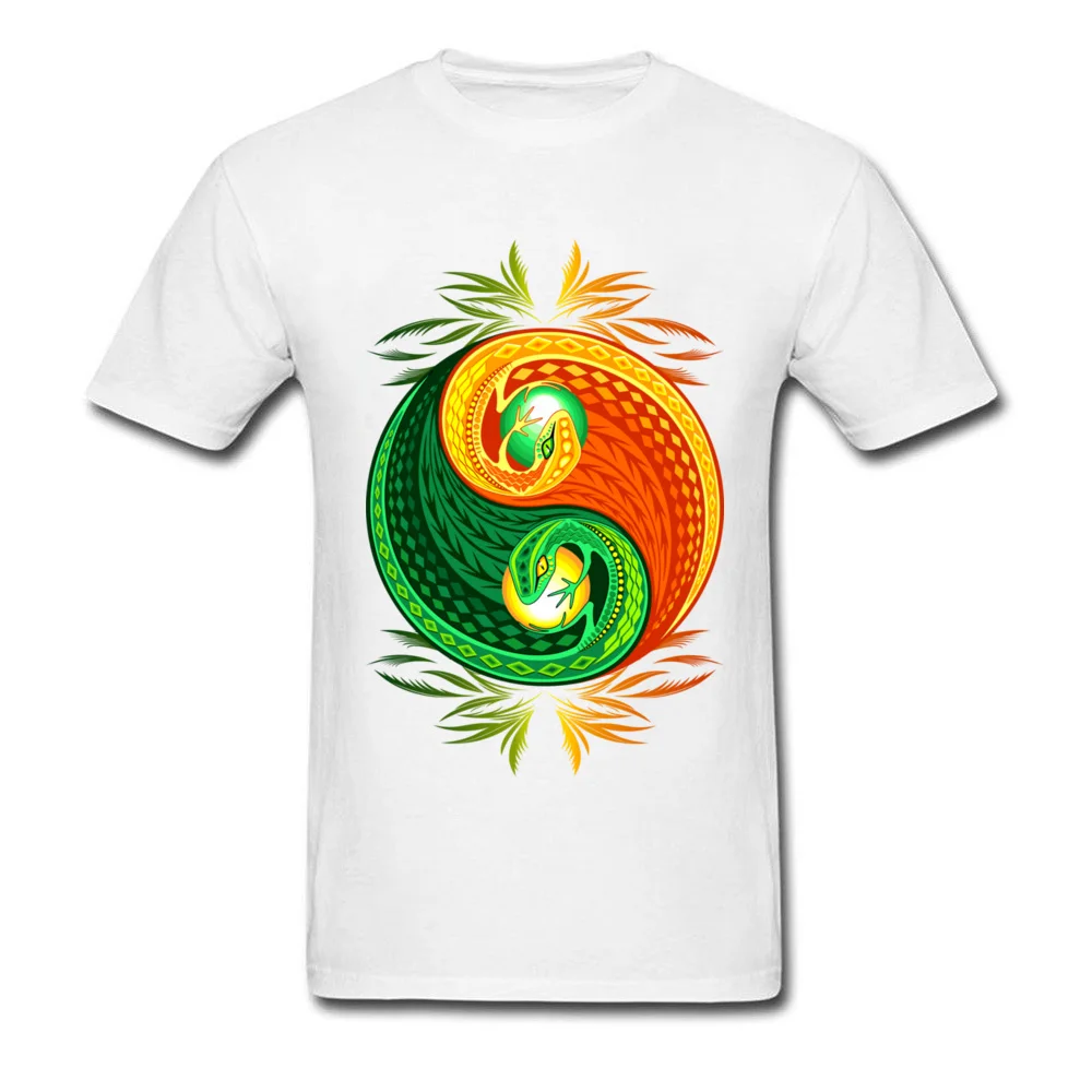Company Leisure Printed T-shirts O Neck Cotton Fabric Male Tops Shirts Short Sleeve Father Day Printed Sweatshirts YinYang Gecko Lizard Opposite Colors Sign white