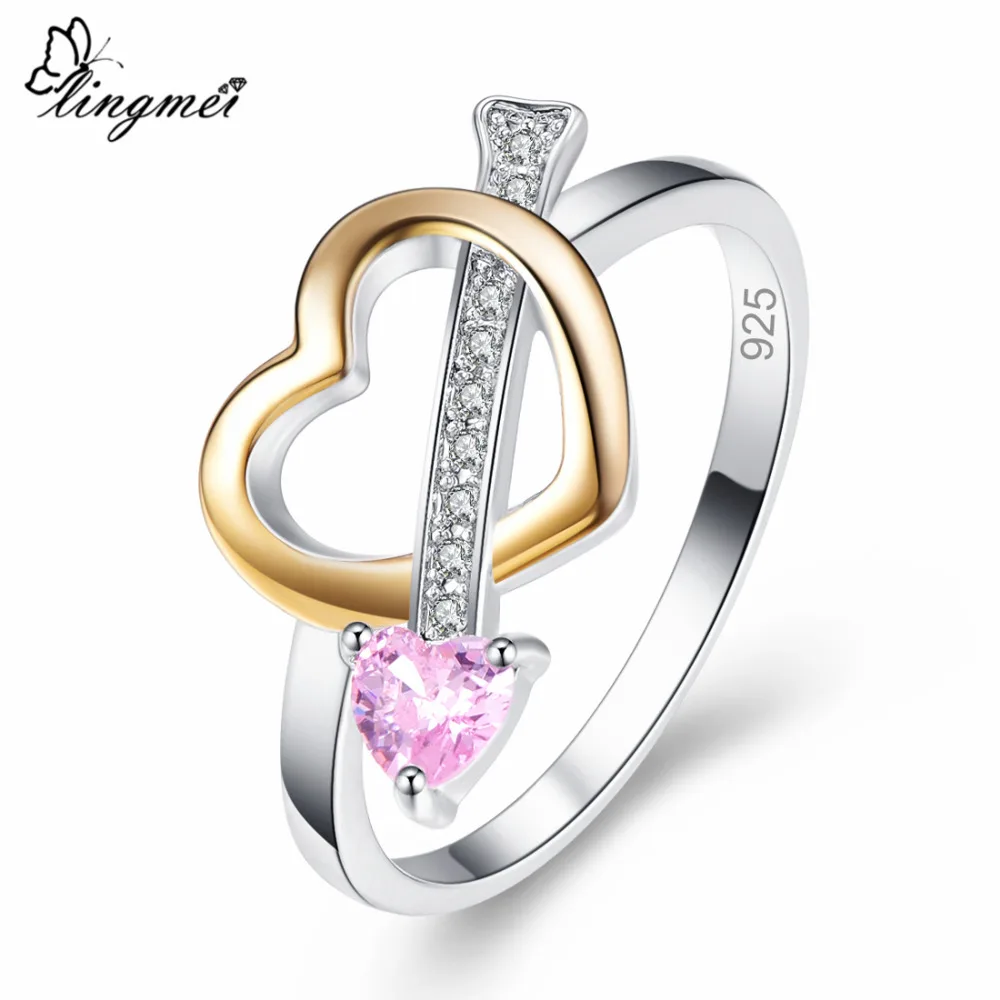 Lingmei Love Heart, женское модное ювелирное изделие, розовое, желтое и белое циркониевое серебряное кольцо 925, размер 6, 7, 8, 9, обручальное кольцо, подарки