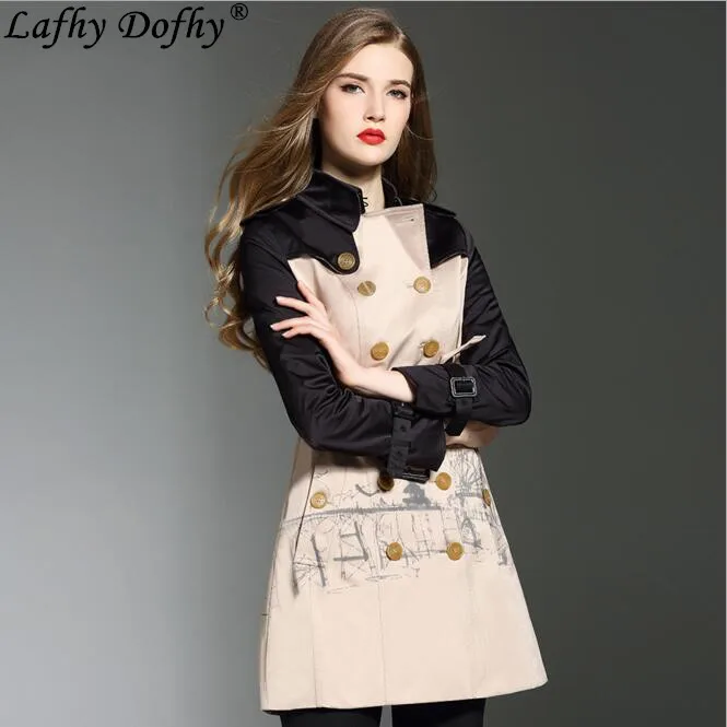 

Autumn new stitching contrast color Slim double-breasted street fashion graffiti printing women's long windbreaker jacket 042