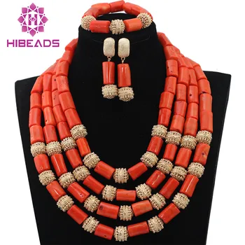 

Fashion Nigerian Coral Beads Necklaces Set for Wedding Gold Dubai Bridal Statement Necklace Set Free Shipping CNR635