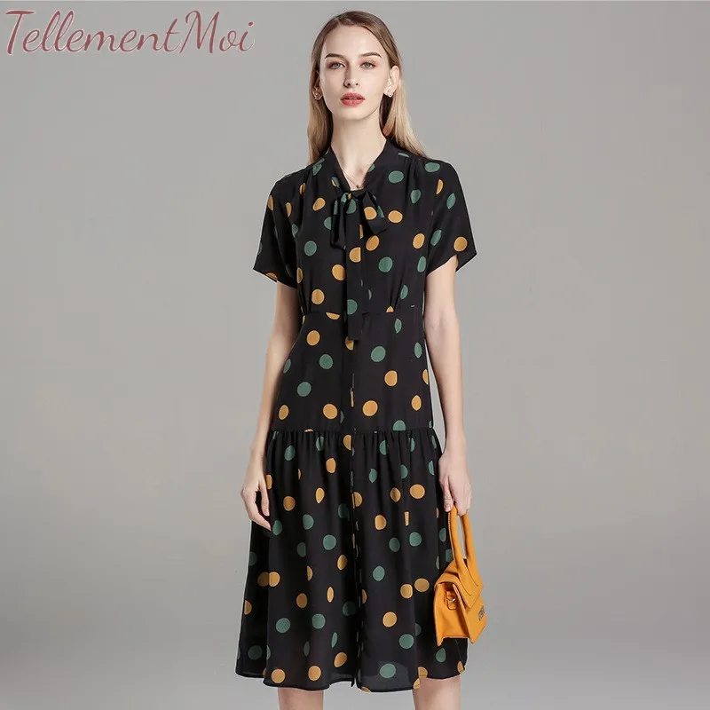 

Women Midi Dresses Vintage Dot Print Summer Dress Silk Bow Neck Short Sleeve Dress Office Lady Casual Loose Vestidos Plus Size