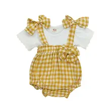Новая летняя Клетчатая футболка для маленьких девочек, топы, комбинезон, штаны, Одежда для новорожденных
