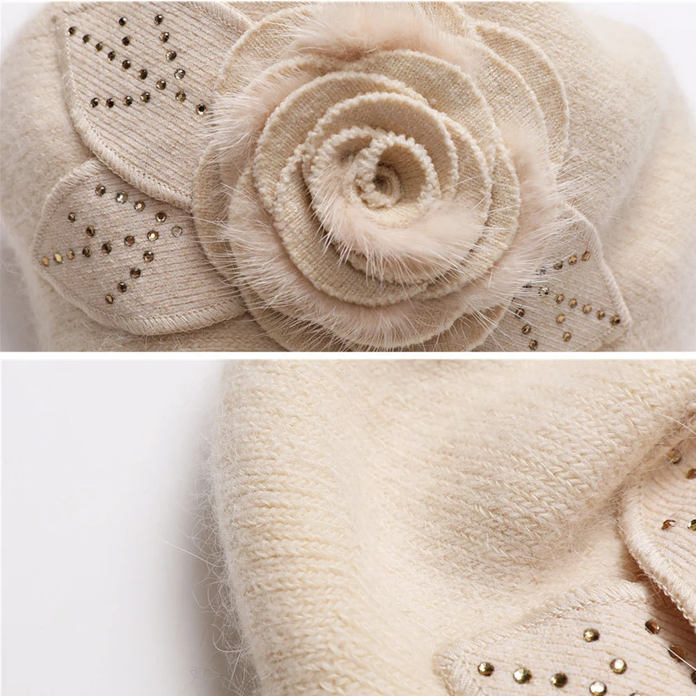 Angora Beret Women Winter Hat Knit Cap Beanie Headwear Warm Flower Casual Soft Classic Thermal Snow Outdoor Accessory (5)