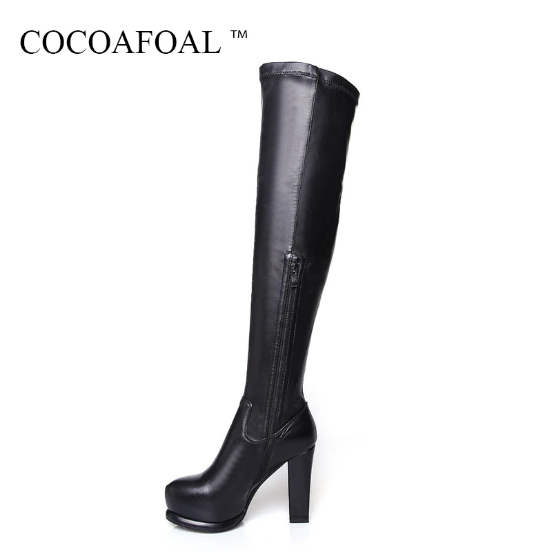 

COCOAFOAL Fashion Zipper Chelsea Thigh High Boots Sexy Winter Black Women High Heeled Shoes Genuine Leather Over The Knee Boots