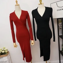 Yomrzl A295 Новое прибытие весной и осенью женщин трикотажные dress one piece глубокий v с длинным рукавом платья ежедневно