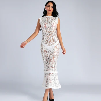 

2019 Summer New Sexy Long Lace Women's Dress Cutout Sleeveless Bodycon Mermaid Dress Celebrity Runway Party Dress Vestidos