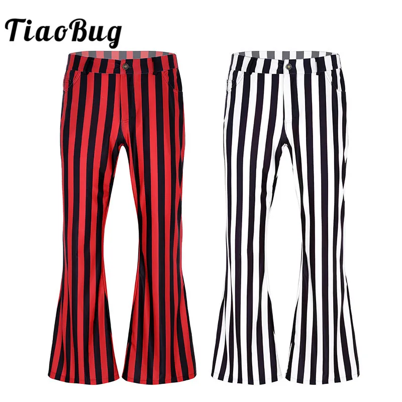 

TiaoBug Men 70s Retro Mid Waist Striped Stretchy Bell Bottom Super Flares Long Pants Trousers Performance Jazz Dance Costume