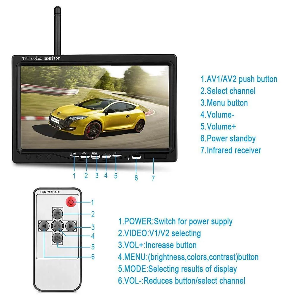 Podofo 12V 24V Беспроводная 7 &quotHD TFT LCD Автомобильная камера заднего вида монитор +