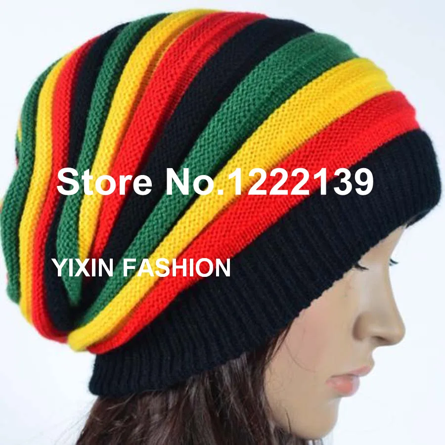 

Fashion Jamaica Rasta Reggae Beanie Cap Multi-colored Stripe Hip Hop Baggy Slouchy Beanies Skullies Hat Gorro