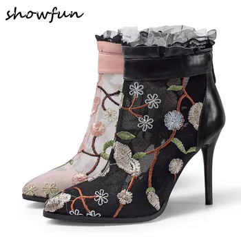 

Women's genuine leather cmesh patchwork Embroidery flower back zip ankle boots brand designer Flounced short booties shoes 42