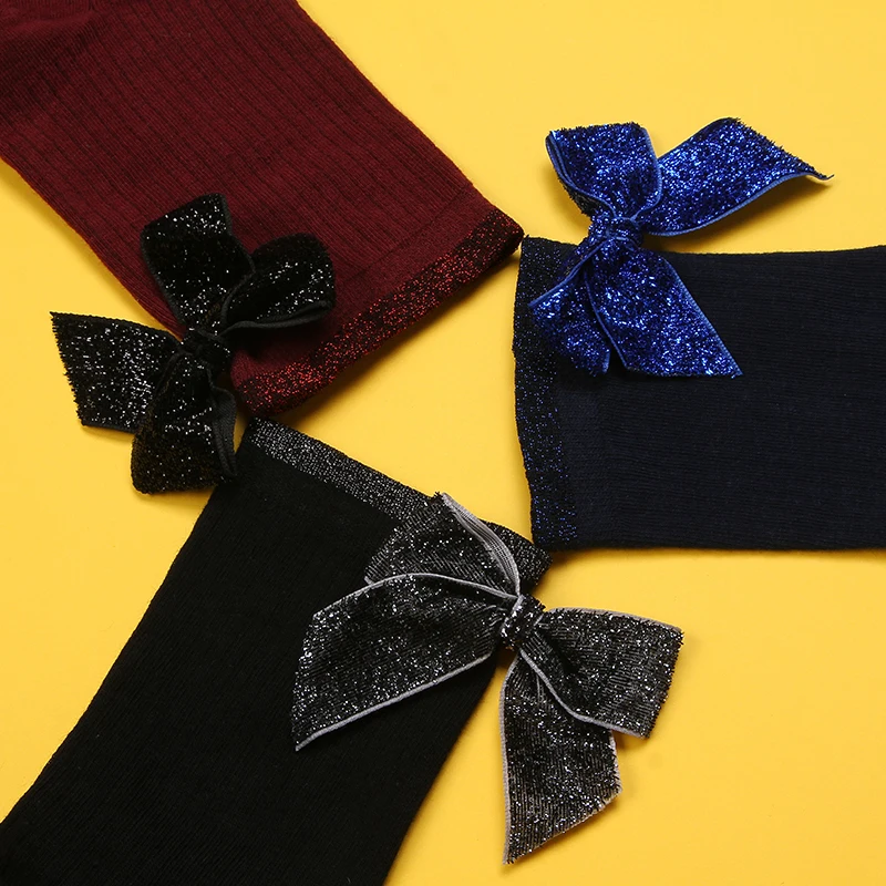 Calcetines con lazo de purpurina para mujer, ropa de calle elegante