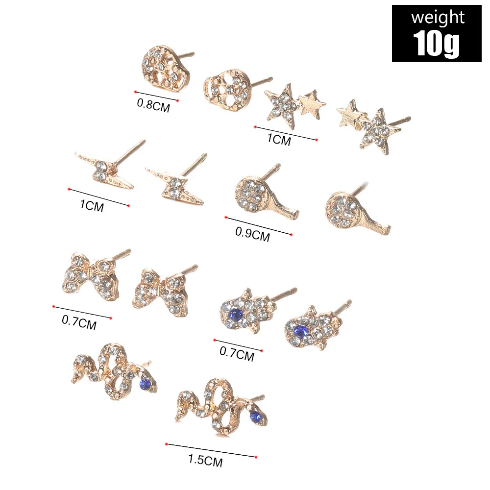 9 пар, богемский микс, дизайн, луна, звезда, Хрустальный пирсинг, серьги для женщин, маленький золотого цвета, сердце, крест, серьги-гвоздики, манжета, набор сережек