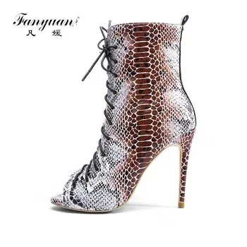 

Fanyuan Plus Size Women Boots 2018 New Women Snake Print Pointed Toe High Heels Ankle Boots Women Fashion Lace Up Autumn Winter