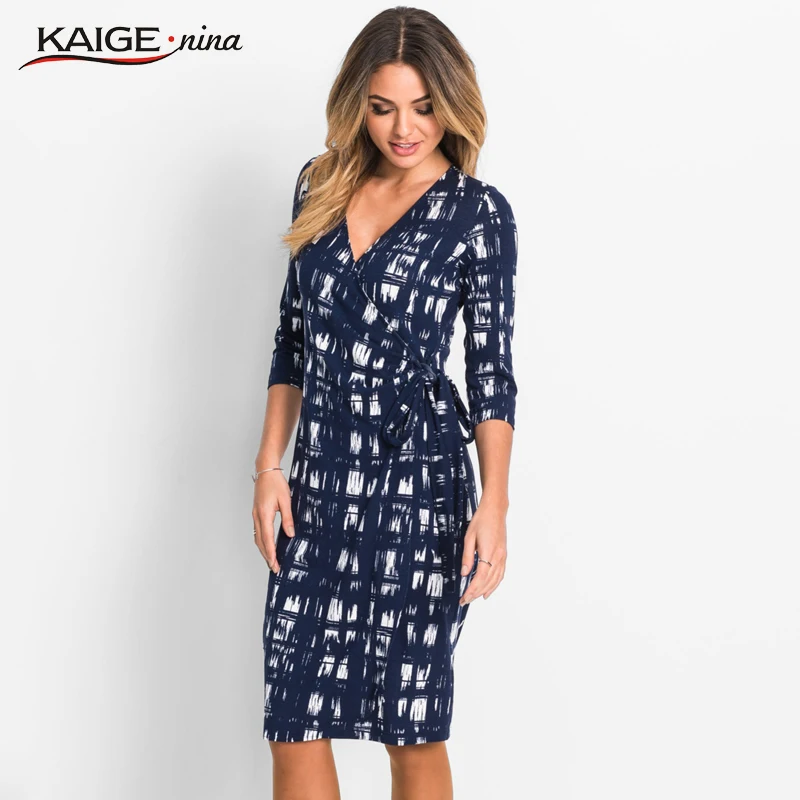 

KaigeNina New Fashion Hot Sale Women Flower Natural Simple Printing Cloth V-Neck Mid-Calf knitting cotton Dress 18003