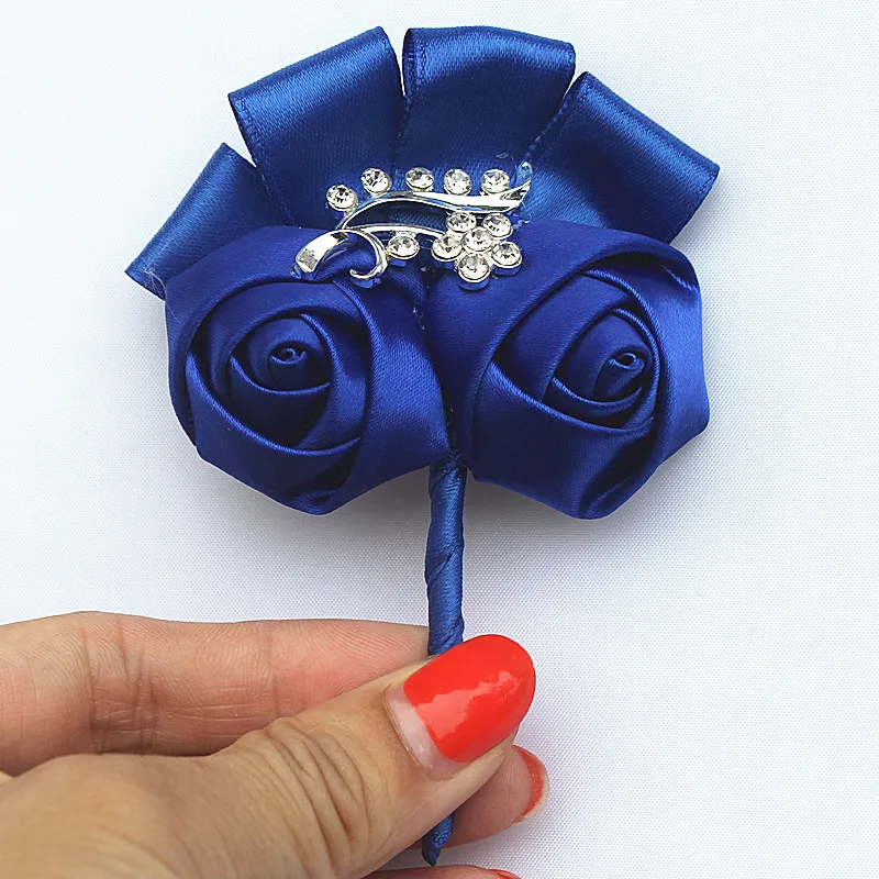 

Wholesale 5Pcs/lot Royal Blue Man Groom Boutonniere Satin Rose Diamond Wedding Party Prom Man's Suit Pin Brooch XH1317-1