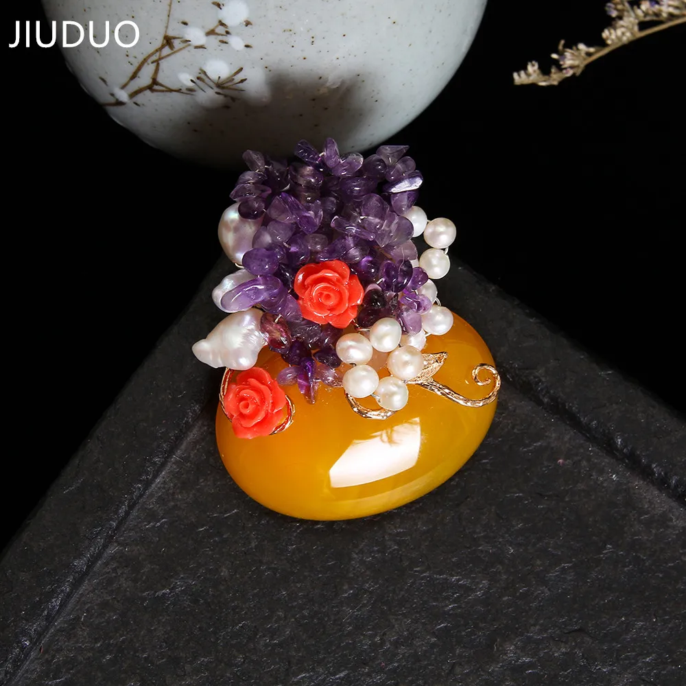 

JIUDUO Round Flower Brooch Amethyst Jewelry Natural Stone Pendant As Gift