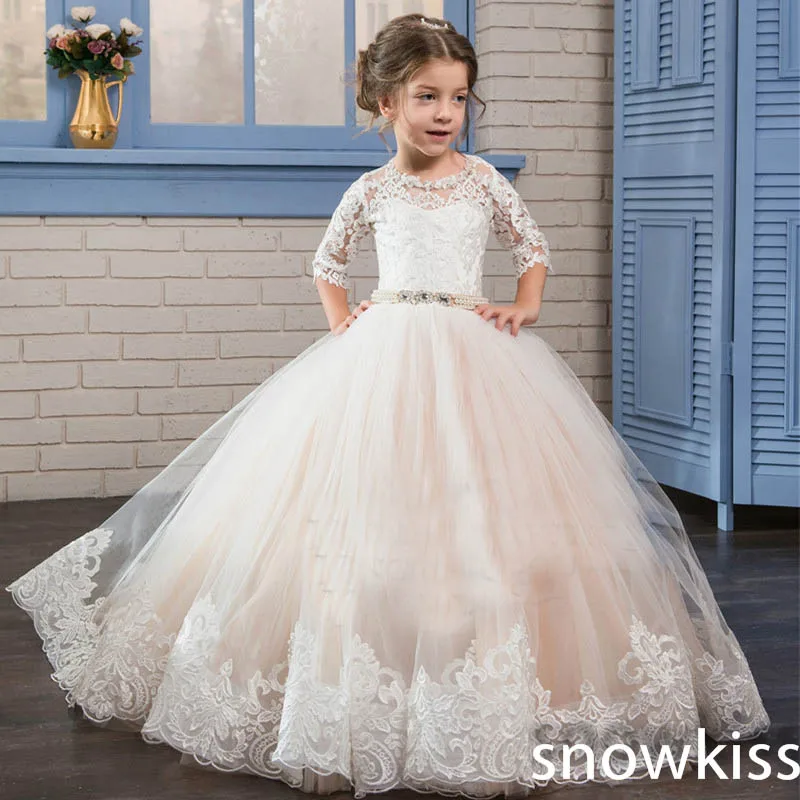 

White/Ivory first communion dress with lace appliques beaded open back tulle ball gown little kids pageant prom dresses