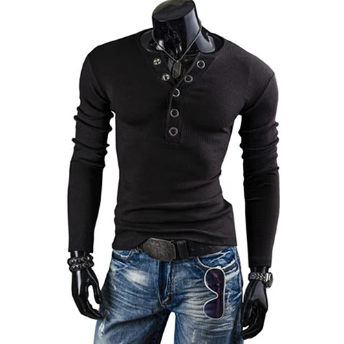 

Man's V-Neck Annular Popper Buttons Slim Fit Long Sleeve Shirt Casual Tee Tops