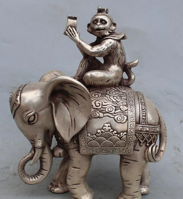 

8" Chinese Silver Carved Animal Monkey King Hold Seal On Elephant Buddha Statue R0707 Discount 35%