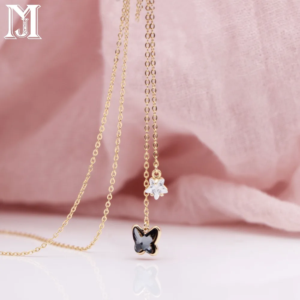 

JiaMu 585 rose gold swarovski crystal elements zircon long necklace butterfly pendant for lady gift wowen party wedding jewelry