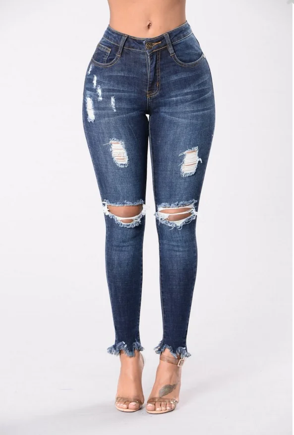 Ripped Jeans Elasticity Skinny Sexy Pants Foot Tassel High-Waist Jeans Washed Blue Denim Full-Length Push Up Women Jeans Femme (1)