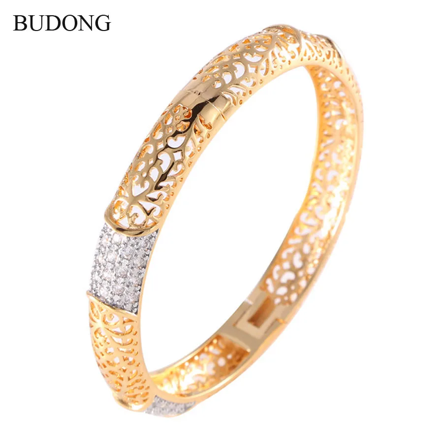 BUDONG модный полый браслет Huggie для женщин золотого цвета Бесконечность Pulsera Кристалл циркония свадебные ювелирные изделия XUZ016