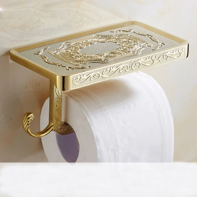 Опт и розница антикварная резьба Туалетная рулонная бумага стойка телефон полка настенный держатель бумаги для ванной и крючок GJ-11308 - Цвет: Golden