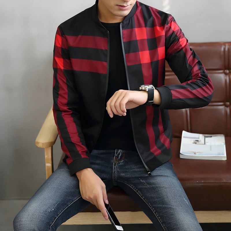 

New Fashion Hot Brand 2017 men's casual high quality stand collar fit outwear male slim korea style big plaid printed jackets